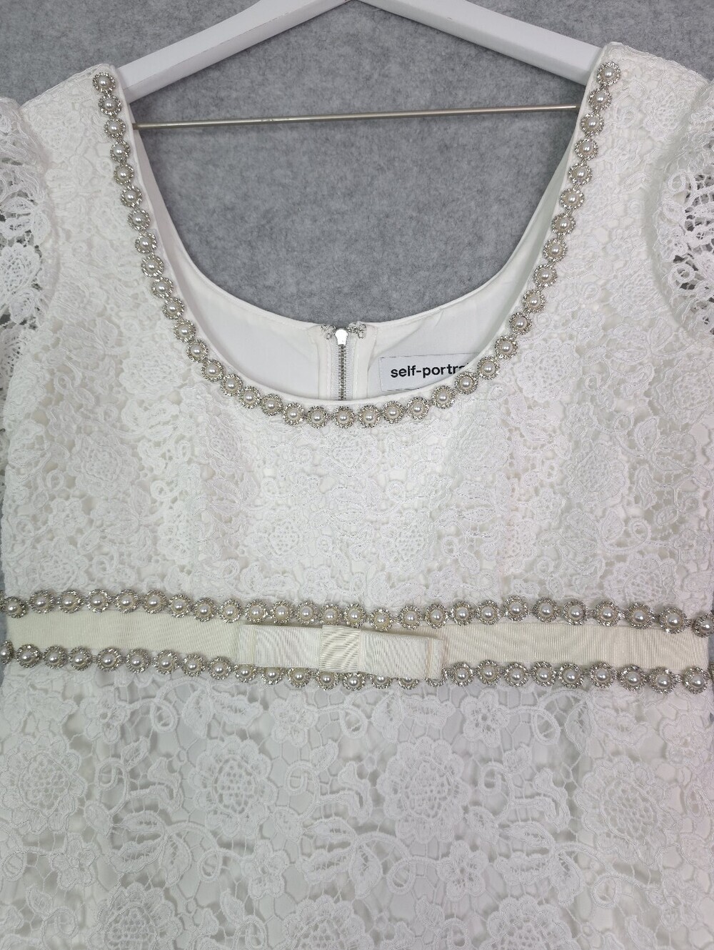 Self-Portrait Pearl-Embellished Guipure Lace Scoop-Neck White Mini Dress - Picture 6 of 14